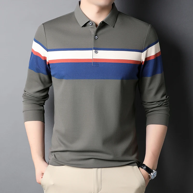 

2022 100% Cotton Business Casual Mens Polo Shirts Spring and Autumn Long Sleeve Wide Stripe Polo Shirt Men High Quality 3XL