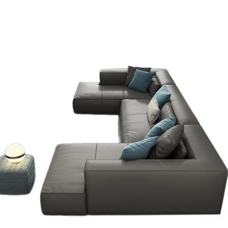 

Leather sofa living room size apartment high-end Italian minimalist modern straight-row special-shaped sofa