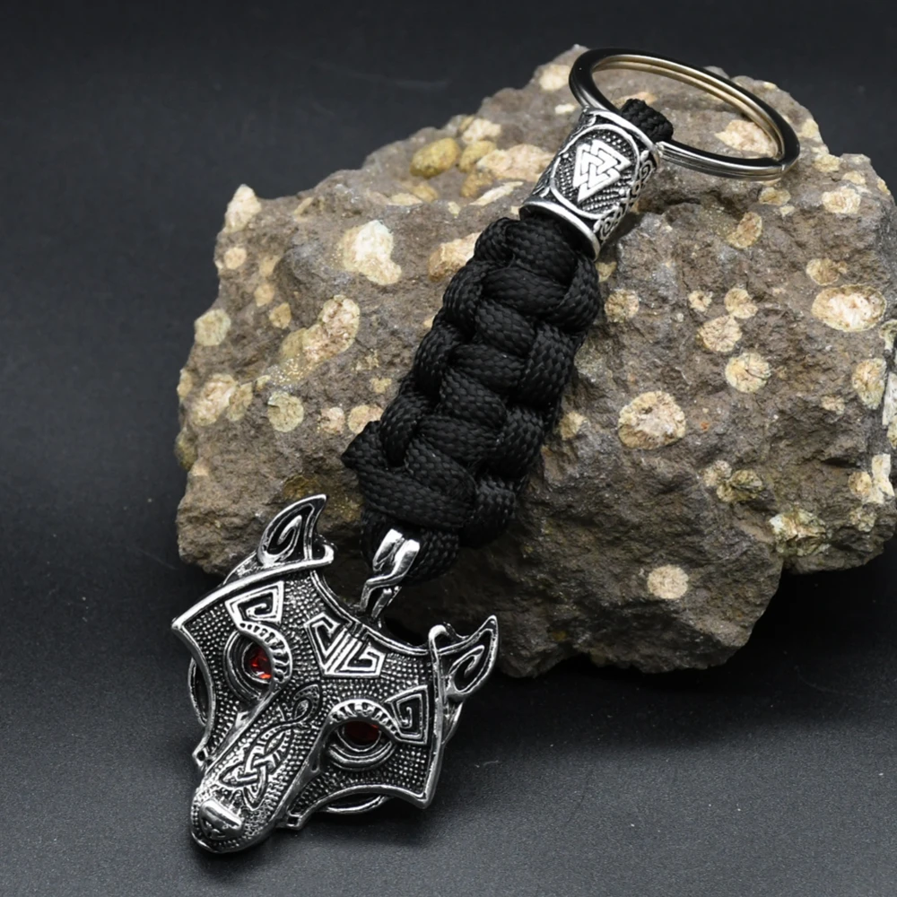 Nordic Mythology Wolf Head Keychain Men\'s Retro Handmade Survival Rope Lanyard Pendant Keyring Vikings Runes Vegvisir Jewelry