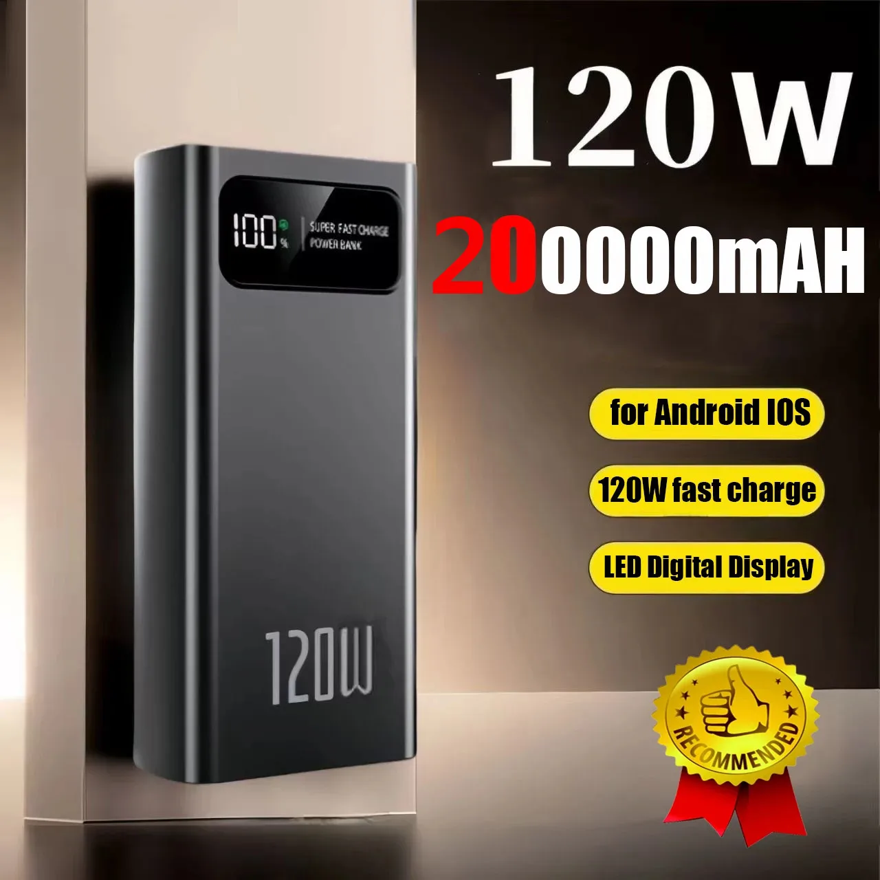 200000mah Power Bank 120W Fast Charging Large Capacity Power Bank LED Digital Display External Battery For iPhone Xiaomi Samsung