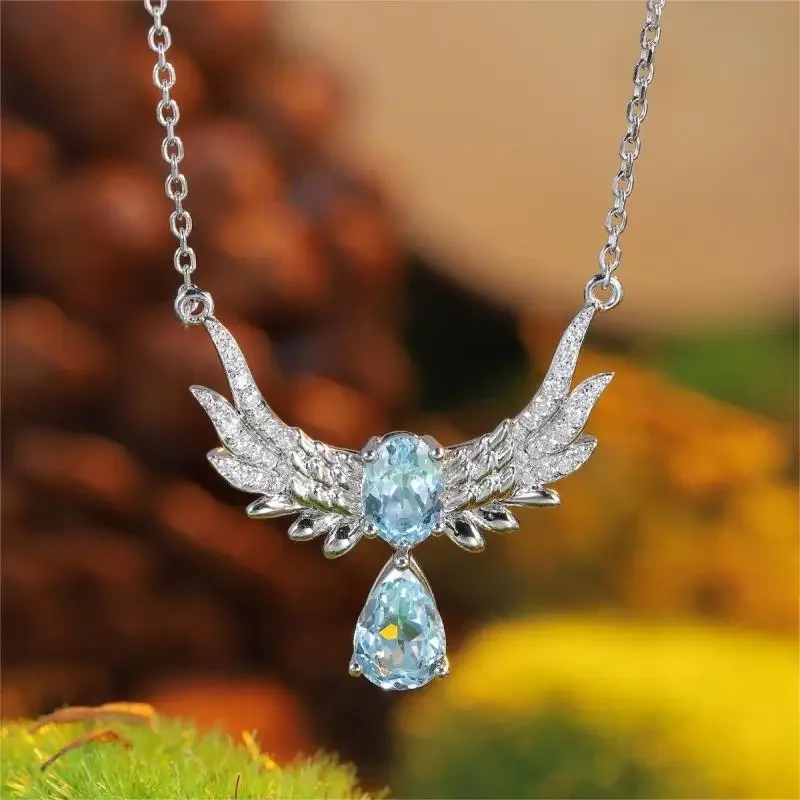 RUIF 2024 New Fine S925 Silver Necklace Pear Shape Lad Grown Aquamarine Sapphire Luxury Design Wedding Party