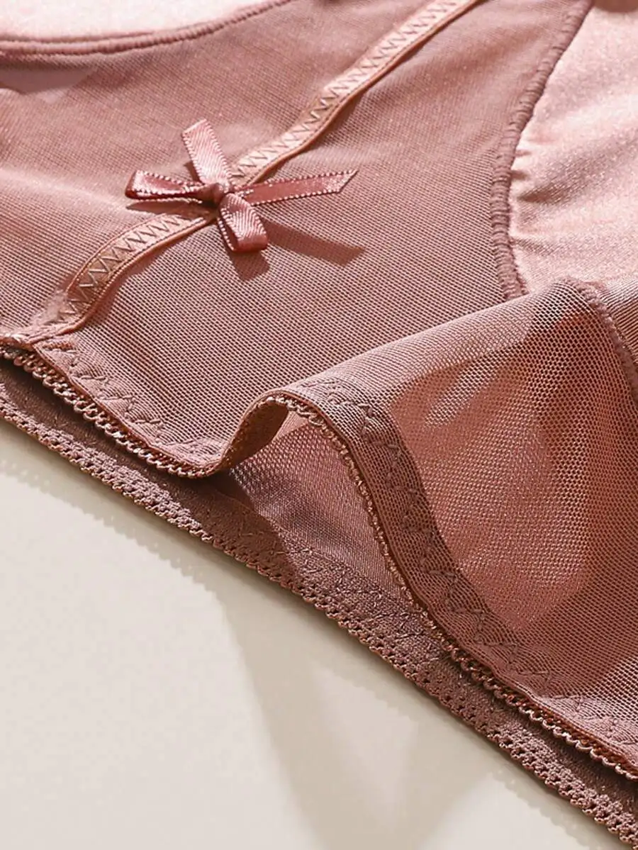 

5 Pcs Women Satin Lace Mesh Semi-See-Through Bow Stretch Mid Waist Triangle Panties