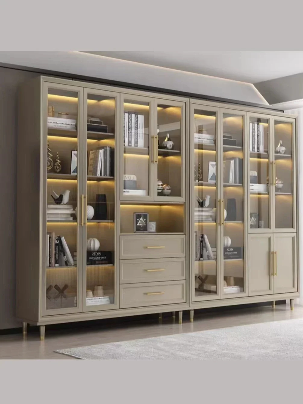 

light luxury dustproof bookcase with glass door, solid wood storage, study floor-to-ceiling combination