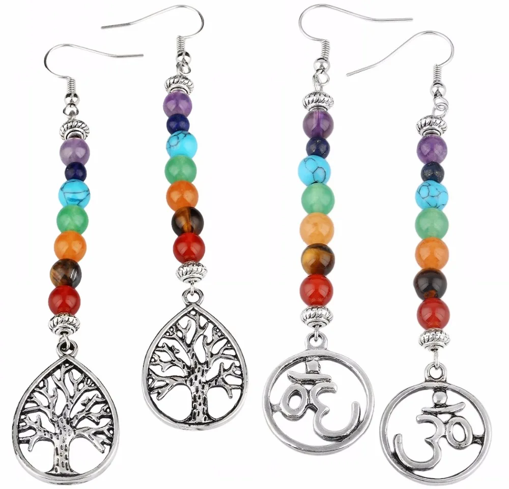 

TUMBEELLUWA Natural 7 Chakra Crystal Stone Beaded Dangle Life Tree Root Chakra Design Charm Jewelry Women's Hooking Earrings