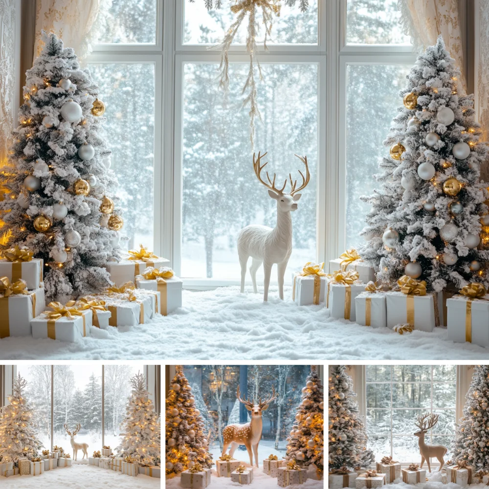 

Christmas Background Photography Room Xmas Tree Deer Snowscape Decoration Children Adult Photo Backdrop Festival Banner