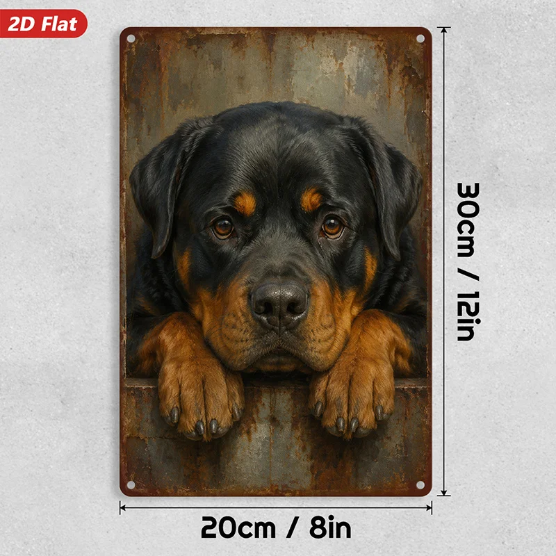 2D Flat,Rottweiler Portrait Metal Sign Wall Art, Black And Tan Dog Face, Paws Resting Forward, Perfect for Office Dining Room