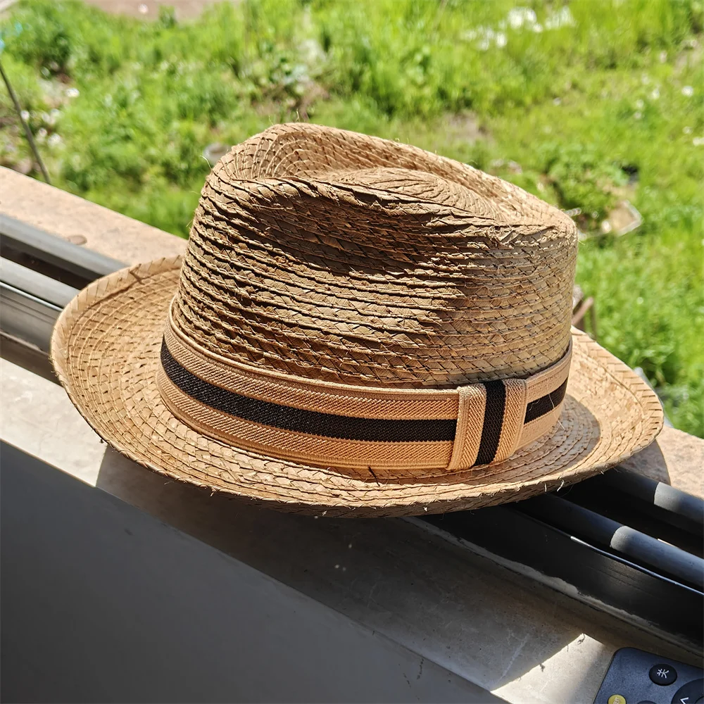 Men's Handmade Palm Leaf Straw Fedora Hat Small Brim Breathable Summer Sun Hat Classic Panama Jazz Hat for Beach Travel