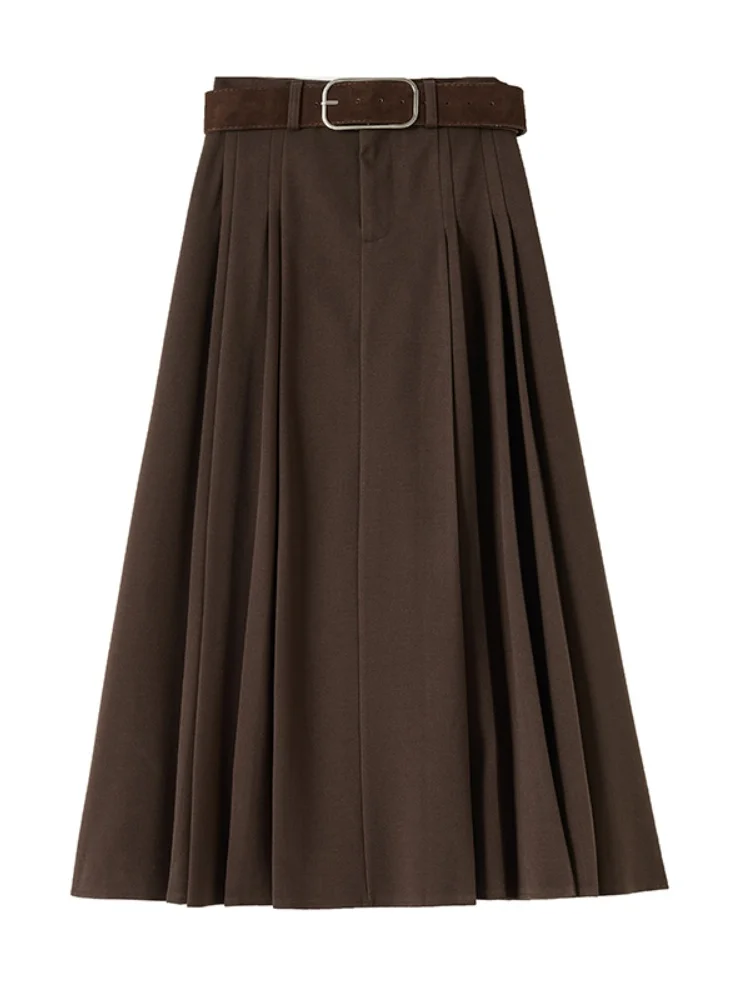 Deep ey High Waist A-Line Long Pleated Skirt Draped f-length Korean Sle Commute Friendly Skirt for Ladies