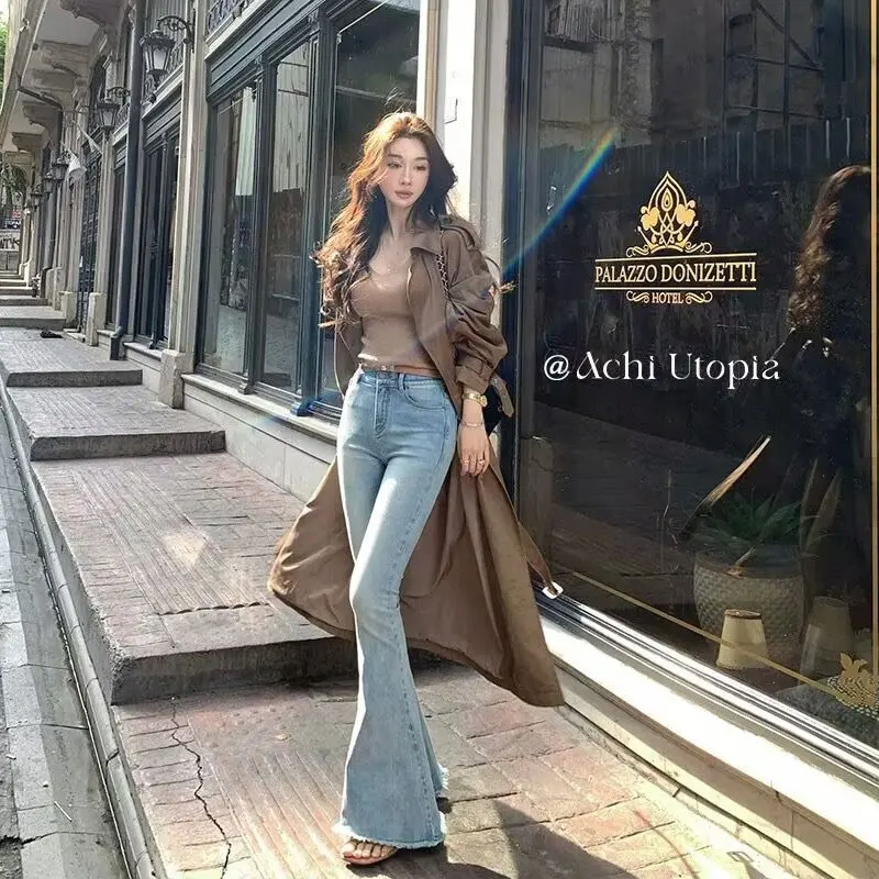 

Джинсы-колокольчики Slim Fit с высокой талией, хлопковые эластичные джинсовые брюки с рваным подолом, женские брюки длиной до щиколотки, осенняя сезонная одежда для женщин