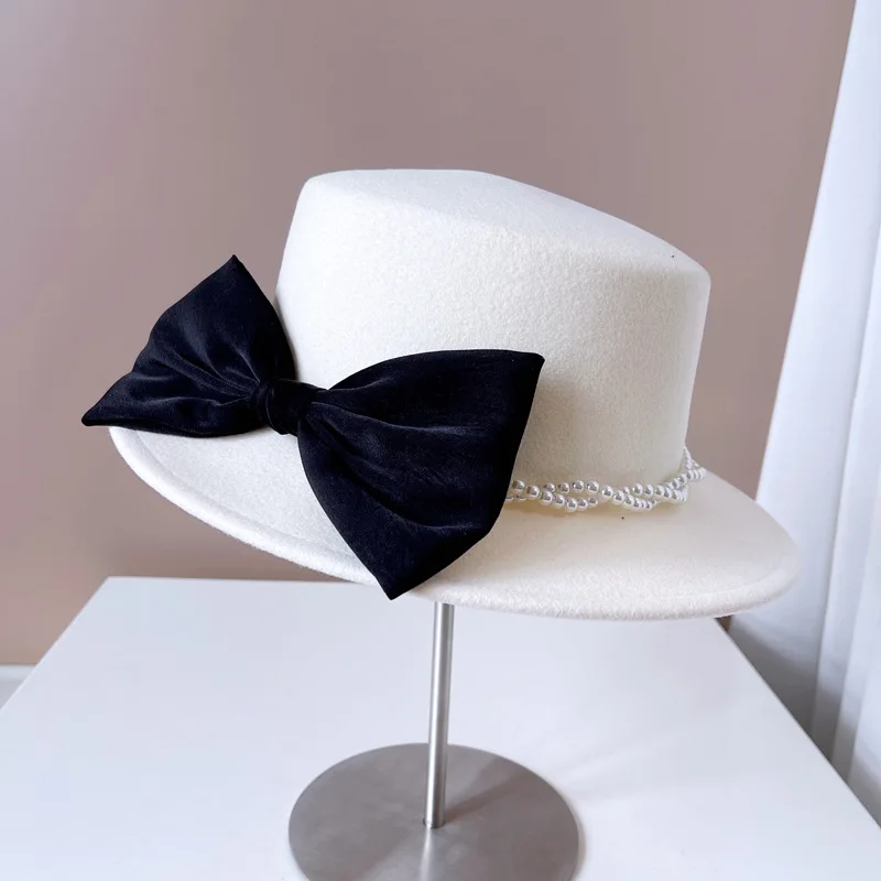 

High quality pearl chain bow flat top hat Women's Autumn/Winter Australian wool top hat French elegant socialite banquet top hat