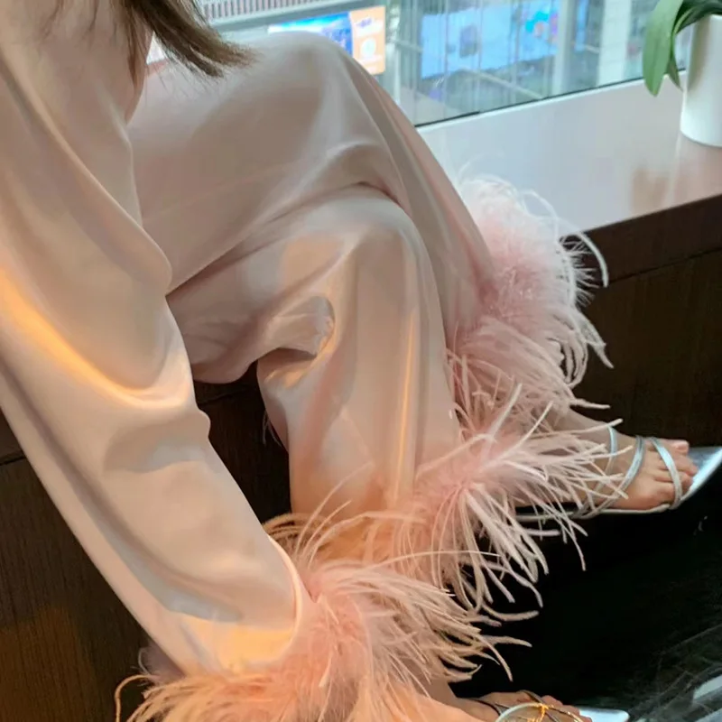 Pajamas for Women in Spring and Autumn Long Sleeved, Plus Size, High-end Solid Color Set Light Luxury Feather Home Clothes T
