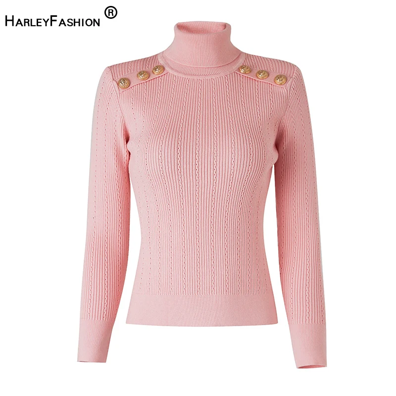 Lower Price High Quality Wool Blend Turtleneck Solid Color Skinny Women Pink Casual Pullovers Lady Sweater with Shoulder Pads