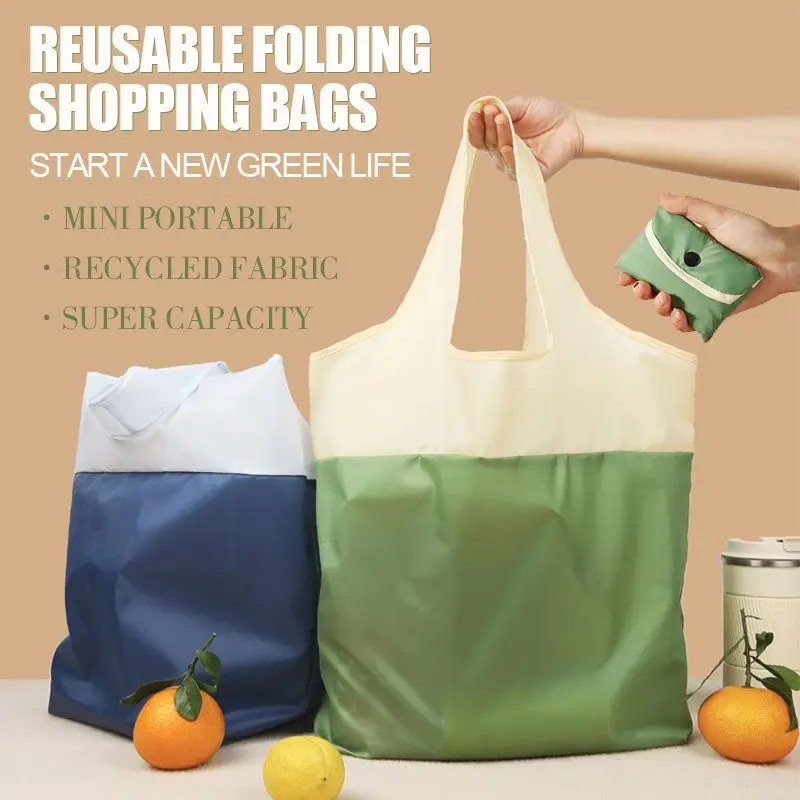 Recycled Folding Shopping Bags Waterproof Oxford Lightweight Solid Bag Large Capacity Shoulder Tote Pouch Travel Grocery Bag