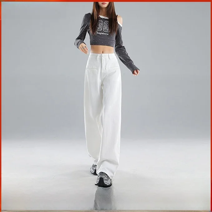 

High Waist Wide Leg White Denim Pants Anti-Dir Waterproof Casual Design Loose Slimming Floor-Length Trousers