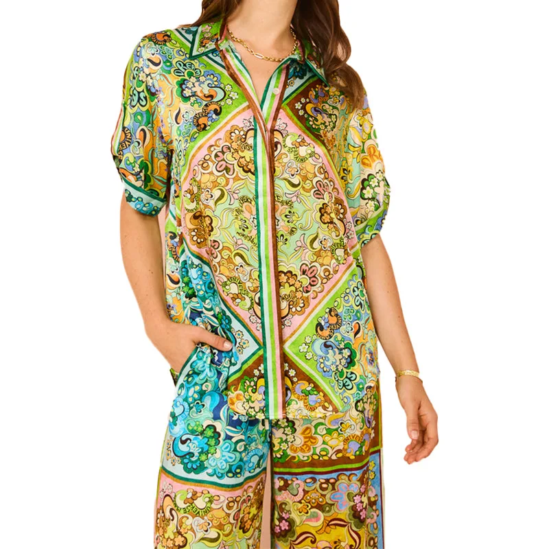 

Spring New Fashion Women's Outfit Retro Collar Lantern Sleeve Printed Two-Piece Set Elegant Style Casual Wear Polyester Fabric