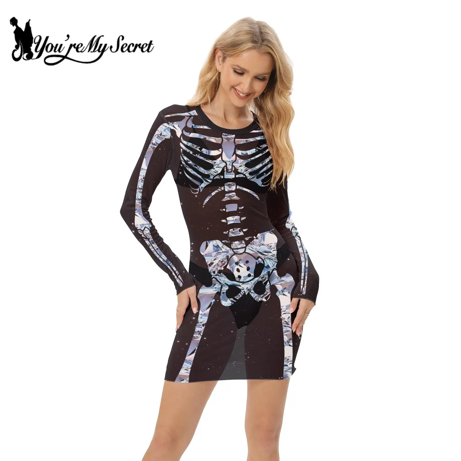 

[You're My Secret] Women's Sheer Mesh Mini Dress Skeleton 3D Printing Sexy Smoky Dress Female Sexy Skirt Halloween Party Dress