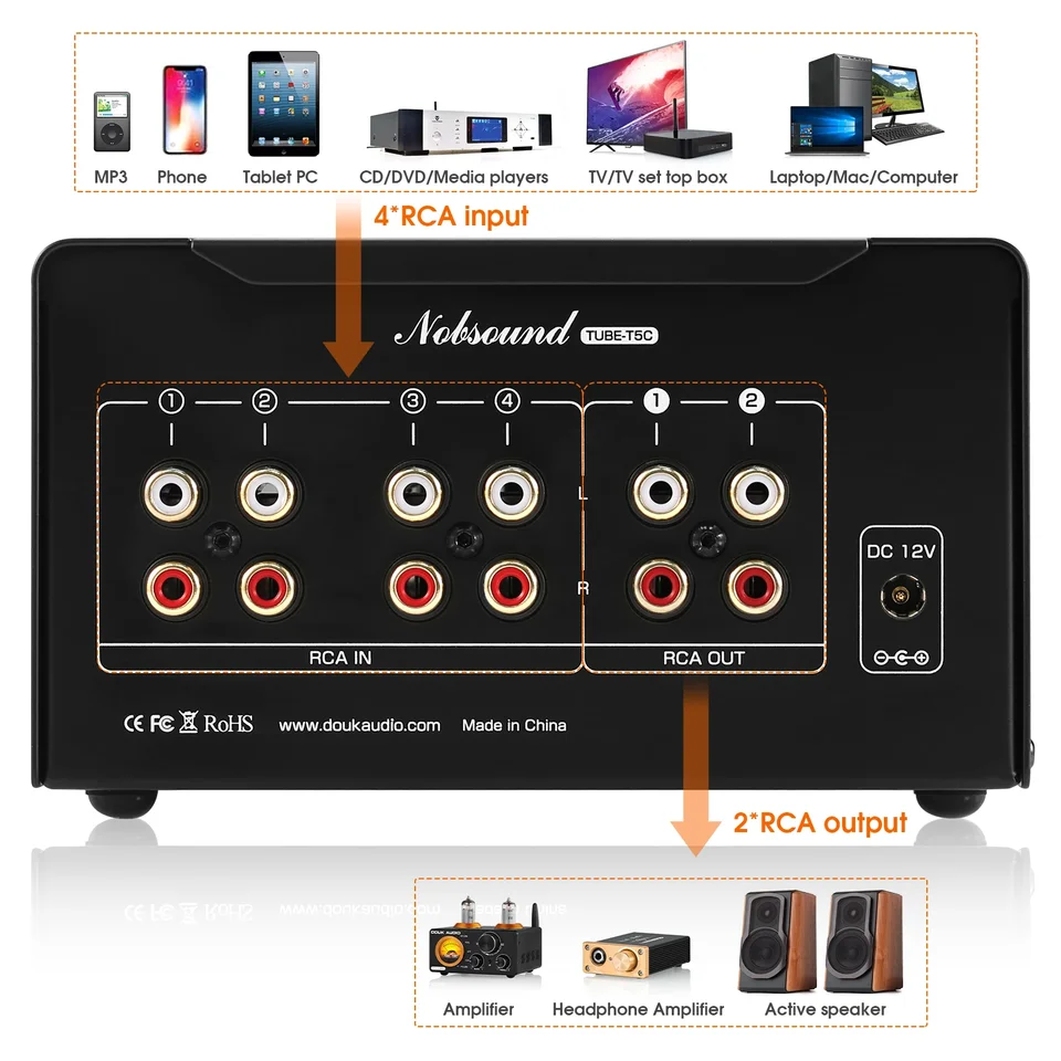 Nobsound TUBE-T5C 4-Way Audio Selector Splitter Mini Stereo Tube