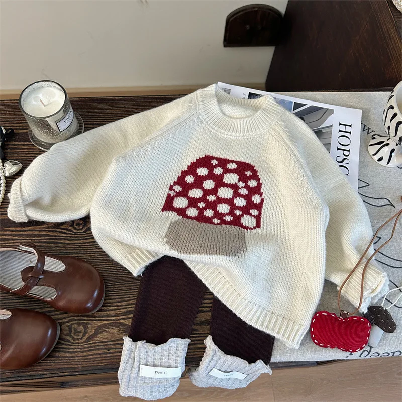 Girls Suits 2024 Autumn New Childrens Clothes Girl Baby Foreign Mushroom Knitted Sweater Pile Pile Socks Leggings Two-piece Set