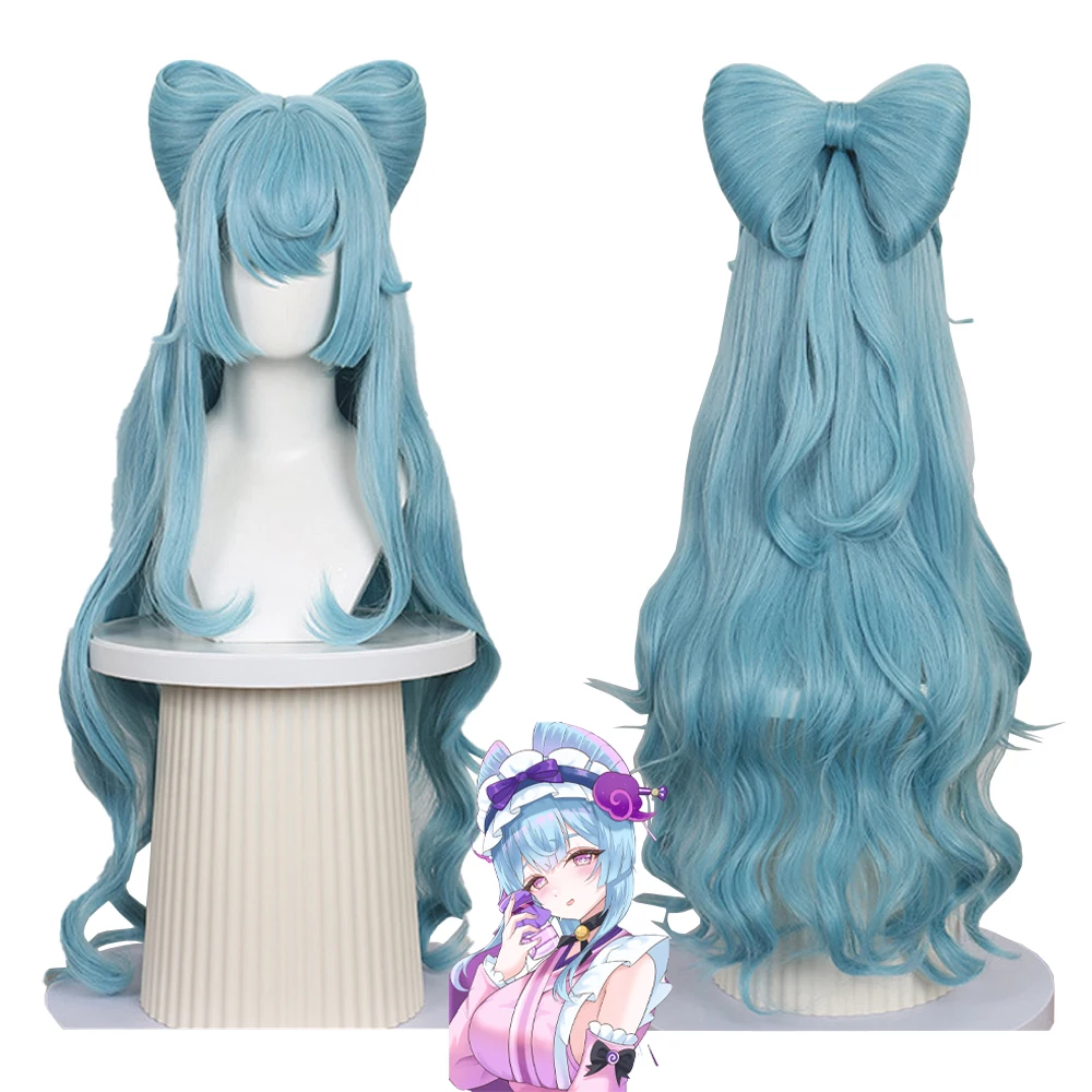 

Mizuki Yumemizuki Cosplay Wig Ice Blue Pre-made Bow Hime Cut Bangs Long Wavy Curly Anime Game Halloween Lolita Full Head Wig