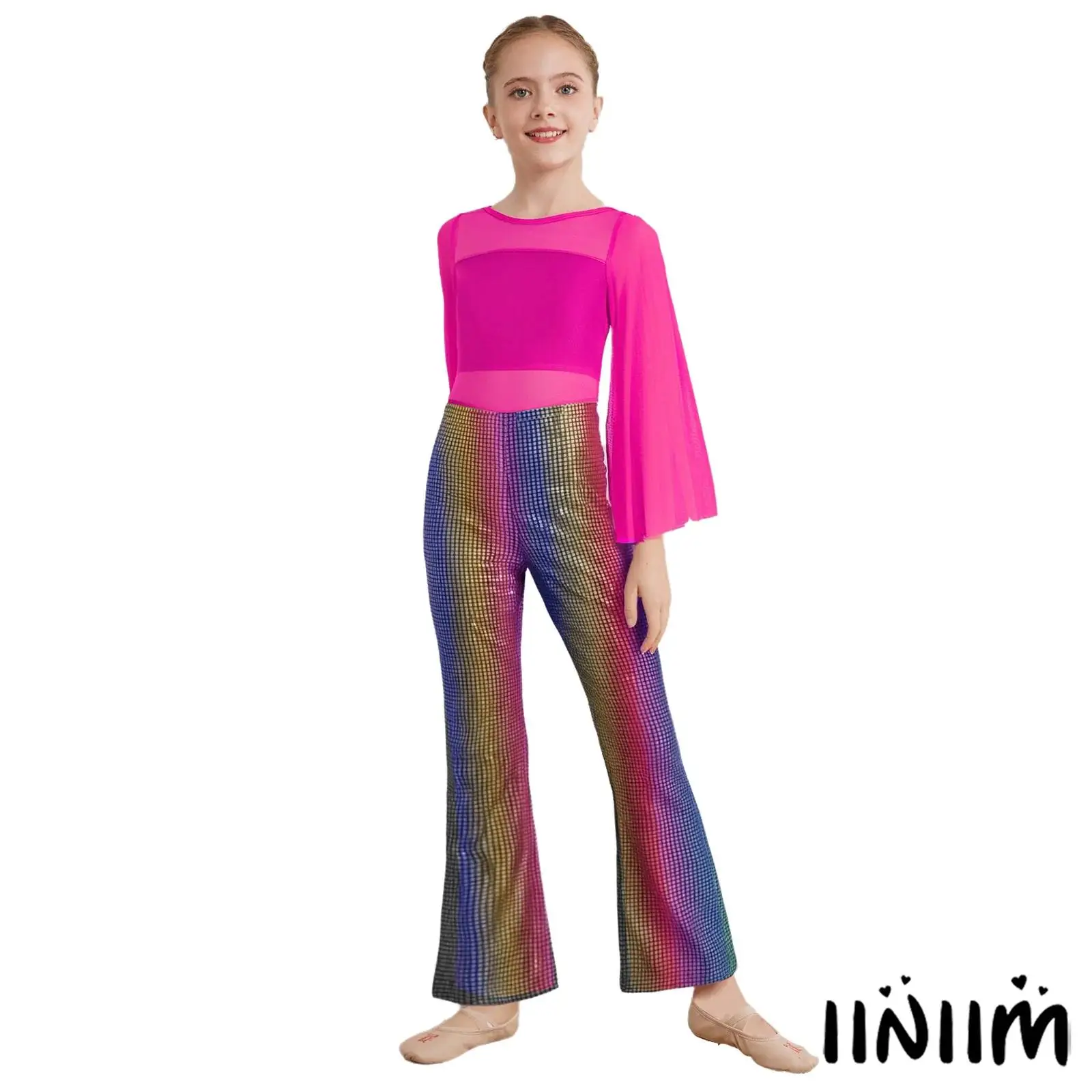 

Kids Girls Jazz Dance Performance Costume Long Flared Sleeves Sheer Mesh Patchwork Metallic Plaid Bell-Bottom Jumpsuit