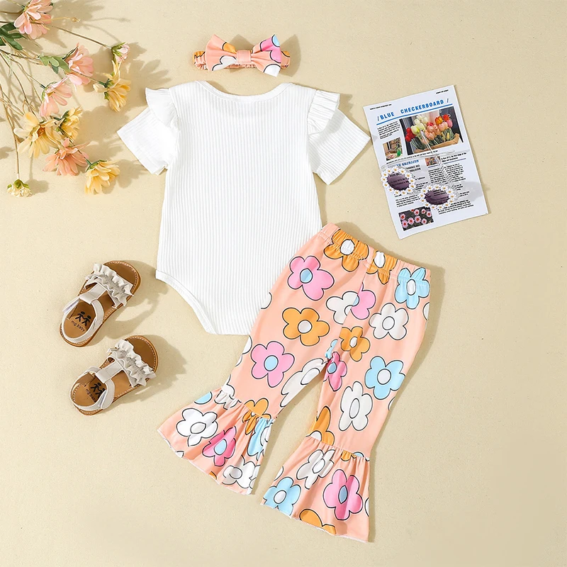 Newborn Baby Girl Clothes Rib Knit Romper Floral Strawberry Flare Pants Outfit Headband 0 3 6 12 18 24 Months