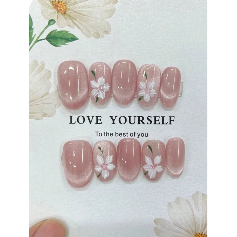10pcs Short Oval Pink Cat Eye Flower Pattern Handmade Press-On Nails: Pink Cat Eye Fake Nails - Cute, Gentle Pink Translucent,