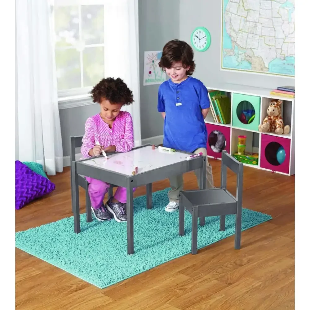 Kids Table and Chair Set White MDF Solid Rubberwood Safety Easy Clean Grey Finish 1-5 Years Child-Centric Design Reliable