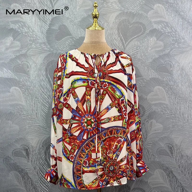 MARYYIMEI Casual Printed Silk Top Round Neck Long Sleeve Top 2026 Autumn Fashionable Women's New Style
