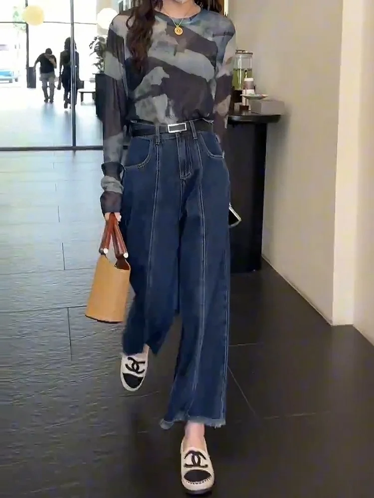 

Широкие джинсовые джинсы с высокой талией, женские весенне-летние повседневные джинсы прямого кроя с девятью точками, брюки из смеси хлопка с высокой талией