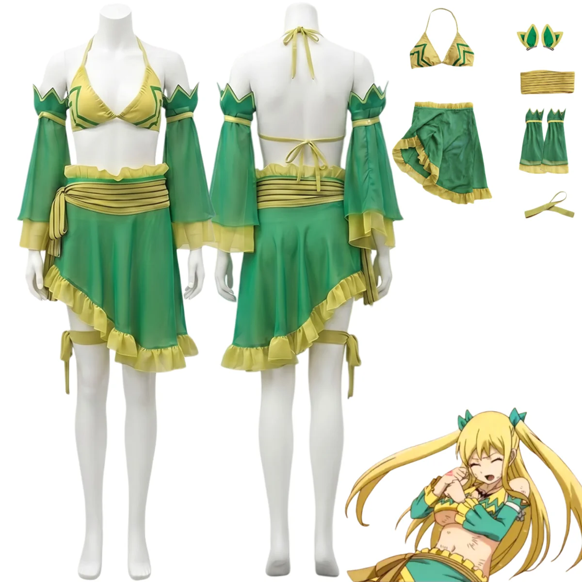 Disfraz de Cosplay de Anime FAIRY TAIL, Lucy Heartfilia, Acuario, Falda Verde, Traje de Baño, Accesorios para la Cabeza, Disfraz Sexy y Lindo para Mujer, Carnaval