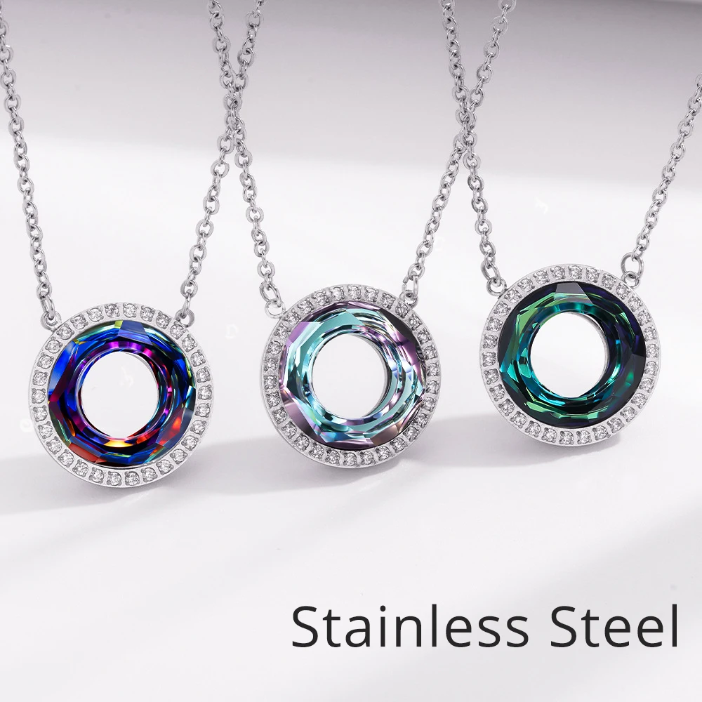 Fancy Stones Stainless Steel Necklace Genuine Crystal From Austria Silver Color Circle Pendant Jewelry For Women Christmas