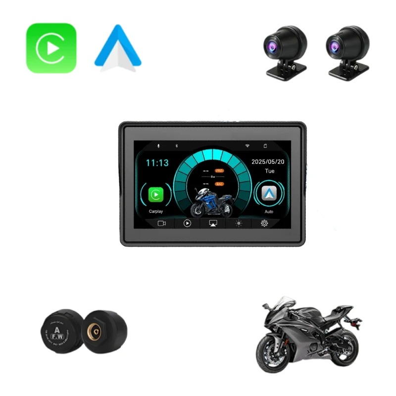 New 5'' Motorcycle GPS Navigation Screen CarPlay Android Auto WiFi For IP67 Waterproof Supported TPMS Multi-Language