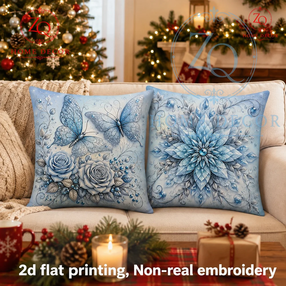 Winter Wonderland Blue Floral Butterfly Throw Pillow Cover Frosty Christmas Home Decor Cushion Case