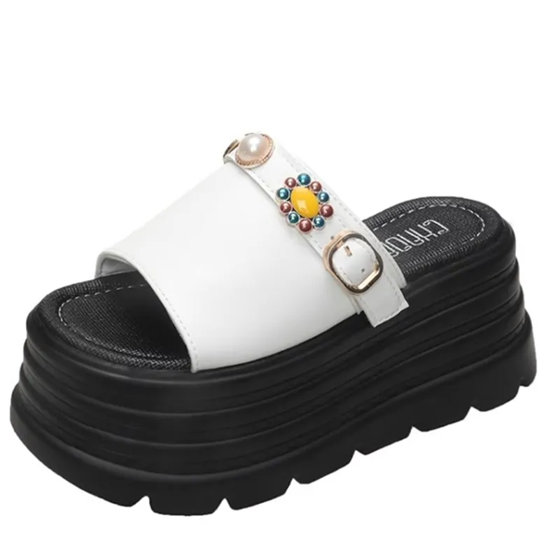 

Женские тапочки на толстой подошве с бисквитом, новинка лета 2023 года, супер популярные однотонные сандалии с открытым носком и высоким каблуком 8 см