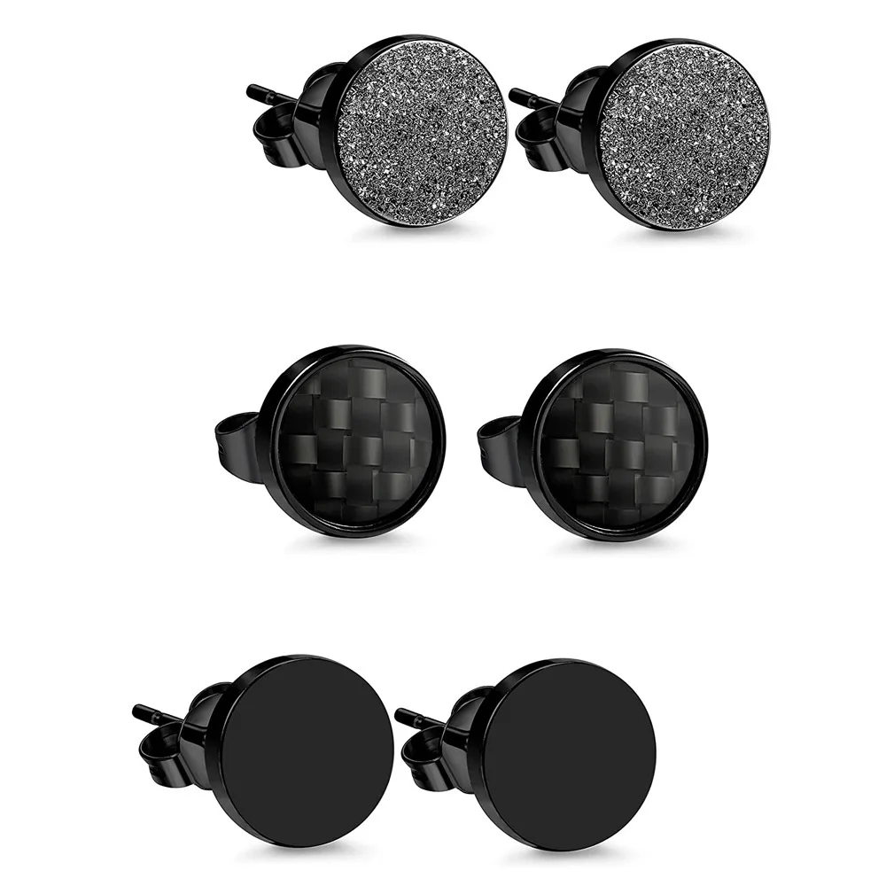 1 Pairs Stainless Steel Black Stud Earrings For Men Women Round Ball Cubic Zirconia Stud Earring Black Carbon Fiber Set