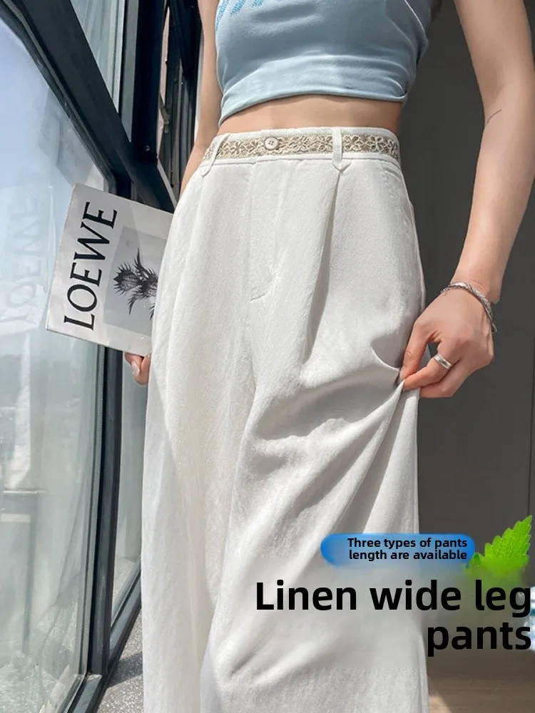 Pantalon léger en coton et lin pour femmes, jambes larges, ample, drapé, coréen, taille haute, coupe droite, été