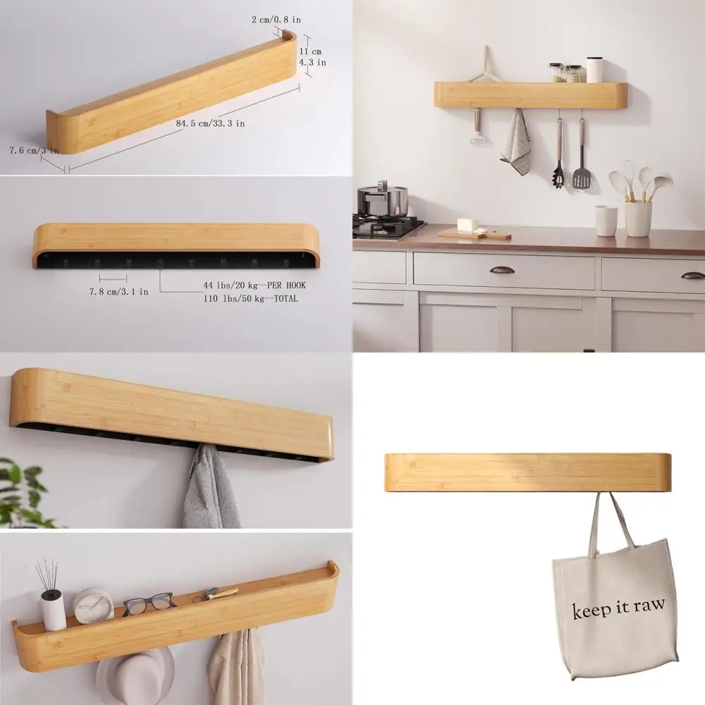 

Современная настенная вешалка для одежды из бамбука с местом для хранения и скрытыми крючками для прихожей, идеально подходит для подвешивания одежды, ключей, сумок и головных уборов.