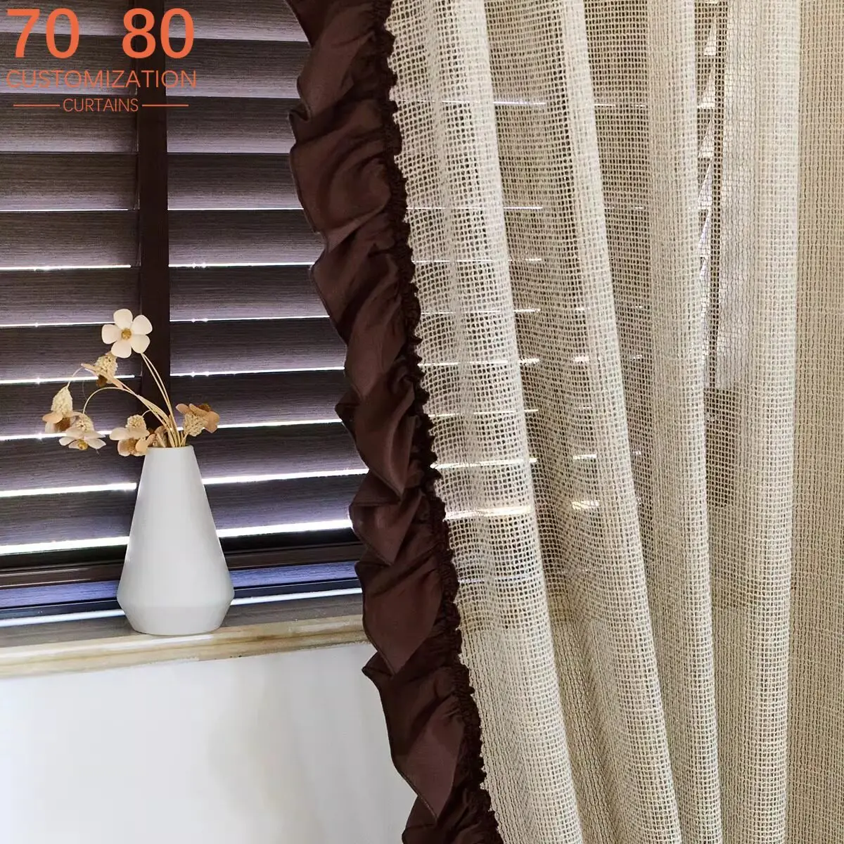 

French Brown Hollowed Lace Woven Window Screen Curtains for Living Room Bedroom French Window Balcony Customized Products