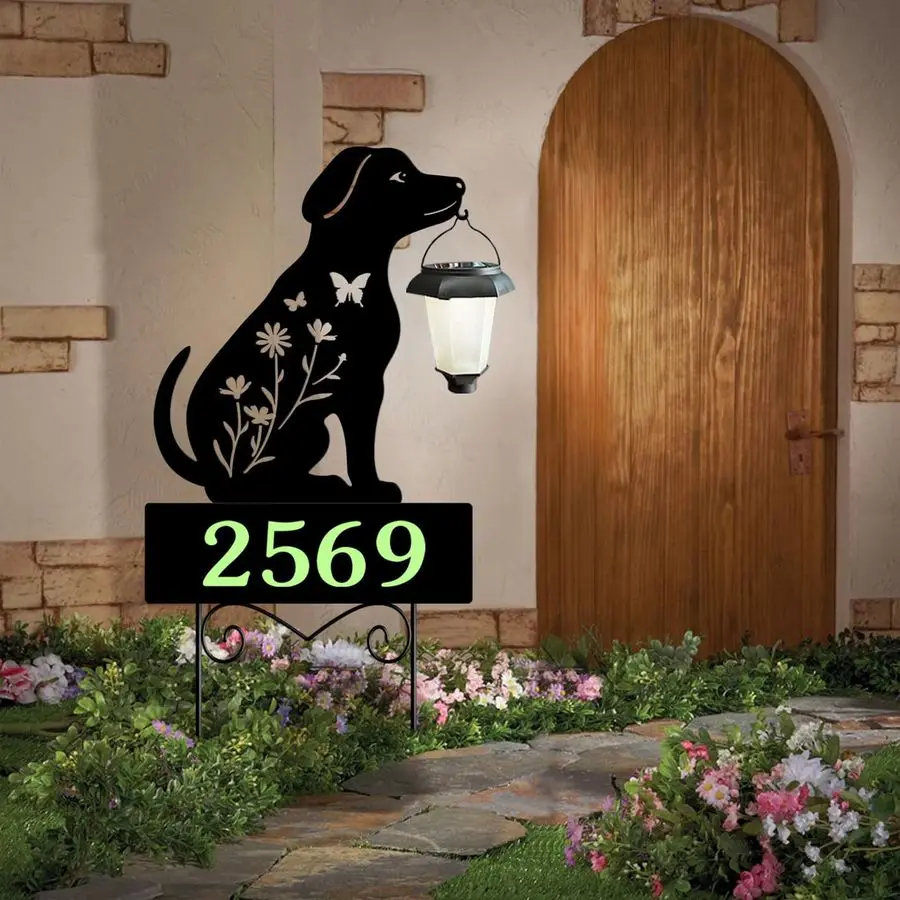 House Numbers for Outside, Metal Dog Address Signs for Houses with Glow in the Dark,Outdoor Decorative for Garden,Lawn,Patio,Pat