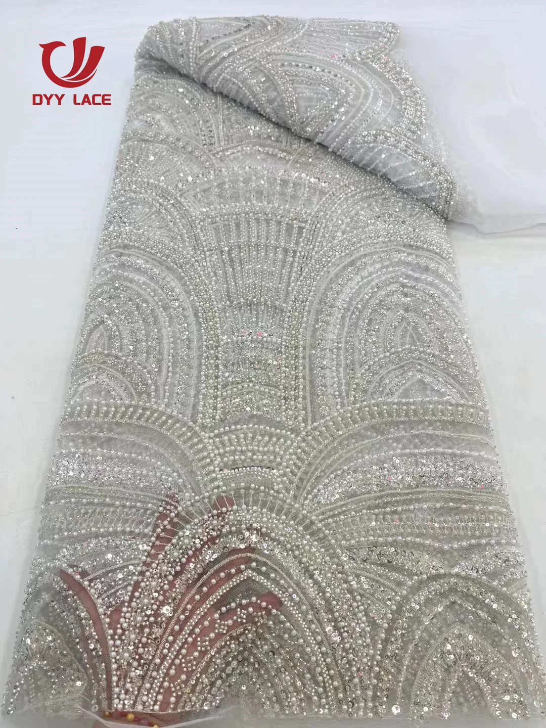 Hot Sale African Beaded Lace Net Fabric 5 Yards 2024 High Quality Nigerian Wedding Material Sequins Beads Fabric for Sewing