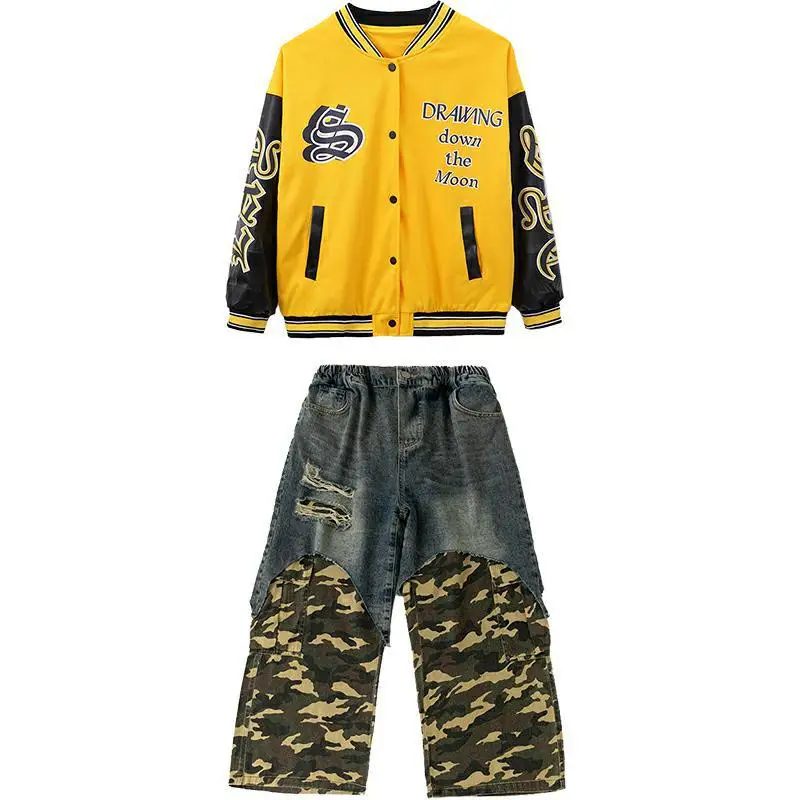 طفل Kpop الهيب هوب الملابس سترة صفراء سترة واقية الدنيم الأزرق كامو المرقعة ممزق السراويل لفتاة صبي أزياء رقص الملابس #5