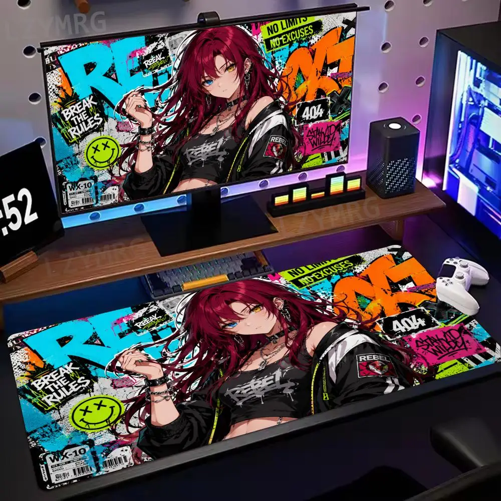 Cool Punk Red Hair Anime Girl No Limits Street Graffiti Splash Art Wide Soft Rubber Extended Computer Gaming Mouse Table Mat