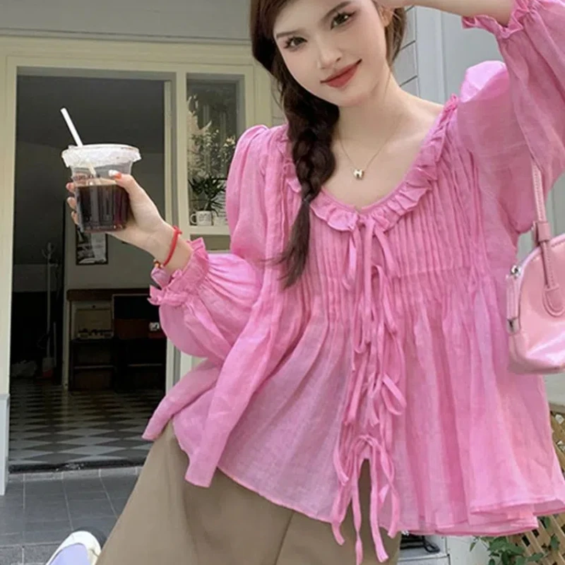 Lantern Sleeve Shirt Women's Spring New Style French Ruffle Edge Design Lace Up Loose Seven Quarter Sleeve Top