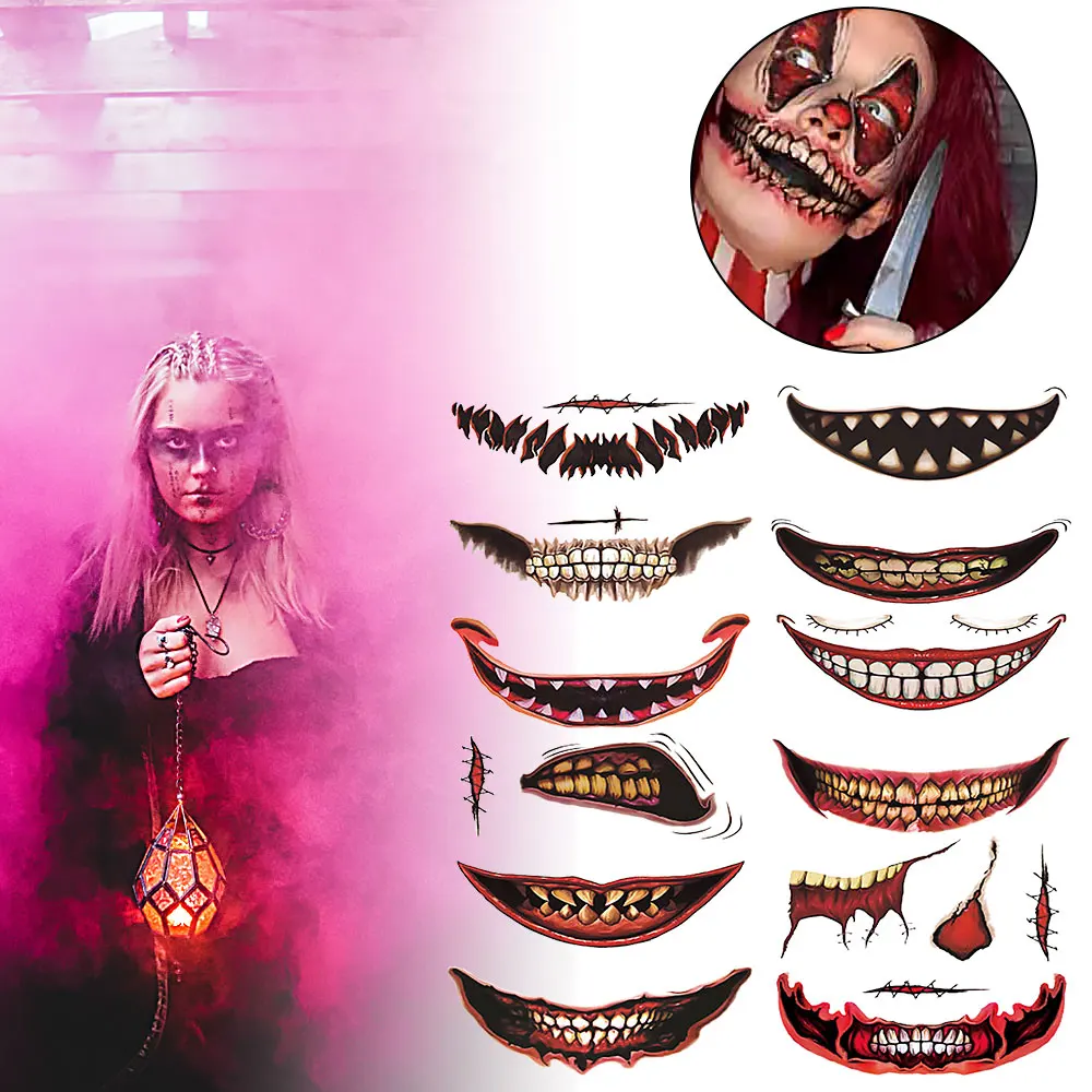 12Pcs Halloween Tattoo Stickers Clown Zombie Mouth Tattoo Sticker Clown Scary Mouth Tattoo Paste Face Paste Smile Lip Sticker