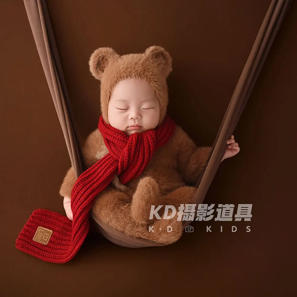 Perlengkapan Fotografi Bayi Baru Lahir 0-1 Bulan, Pakaian Rajut Gaya Boneka Beruang dengan Topi Senada dan 6 Boneka Beruang Romper Berkaki
