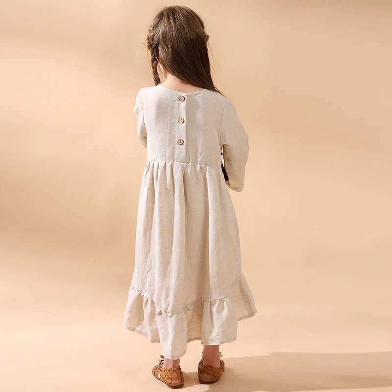 Girls\' Cotton And Linen Princess Dress 2024 Autumn New Children O-neck Long-Sleeve Ruffle Linen Dresses Baby Kids Clothing TZ64