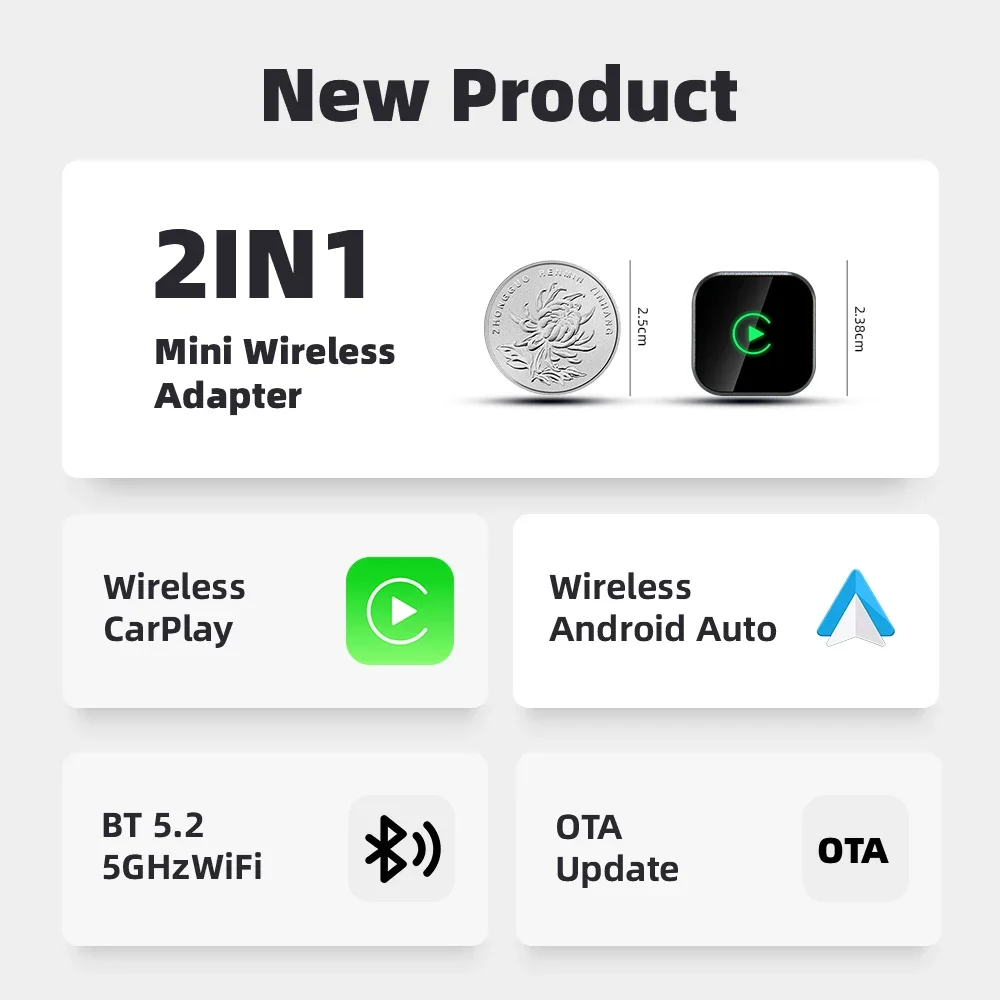 Torek 2in1 Mini Wireless CarPlay & Android Auto Adapter Dongle, Compact Size, Low Latency, 5.8GHz WiFi, Plug & Play for Wired