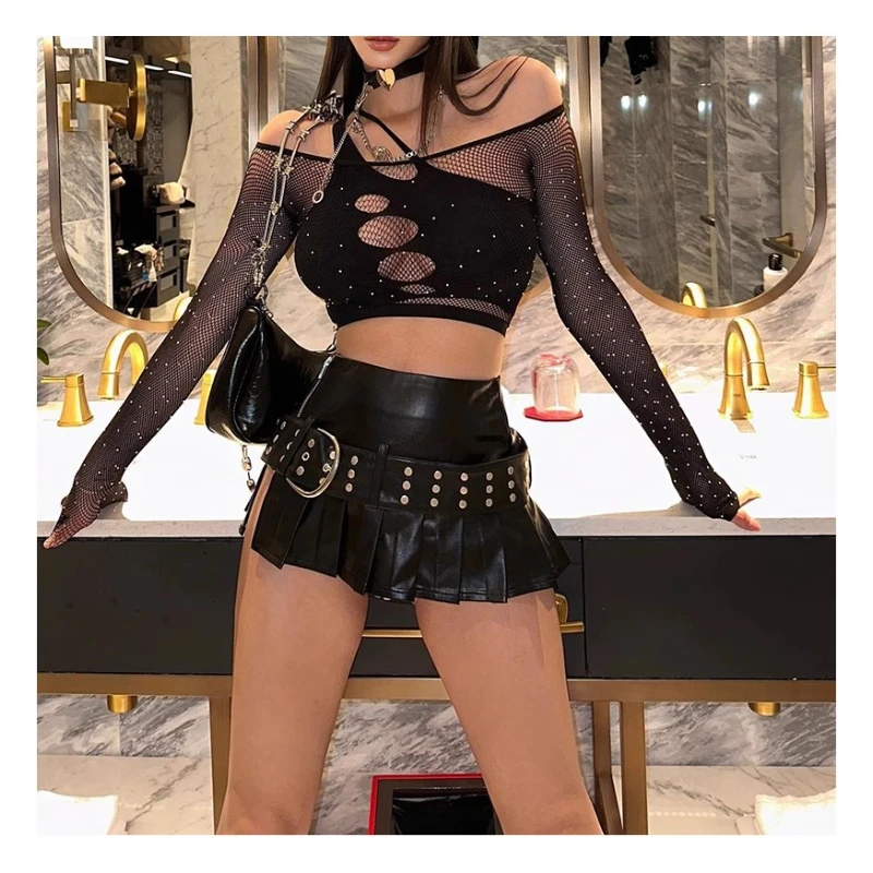 American Retro Hot Girl Style PU Leather Split Belt Women's Pleated Skirt New Sexy Street Zipper Low Waist A-line Skirts Ladies