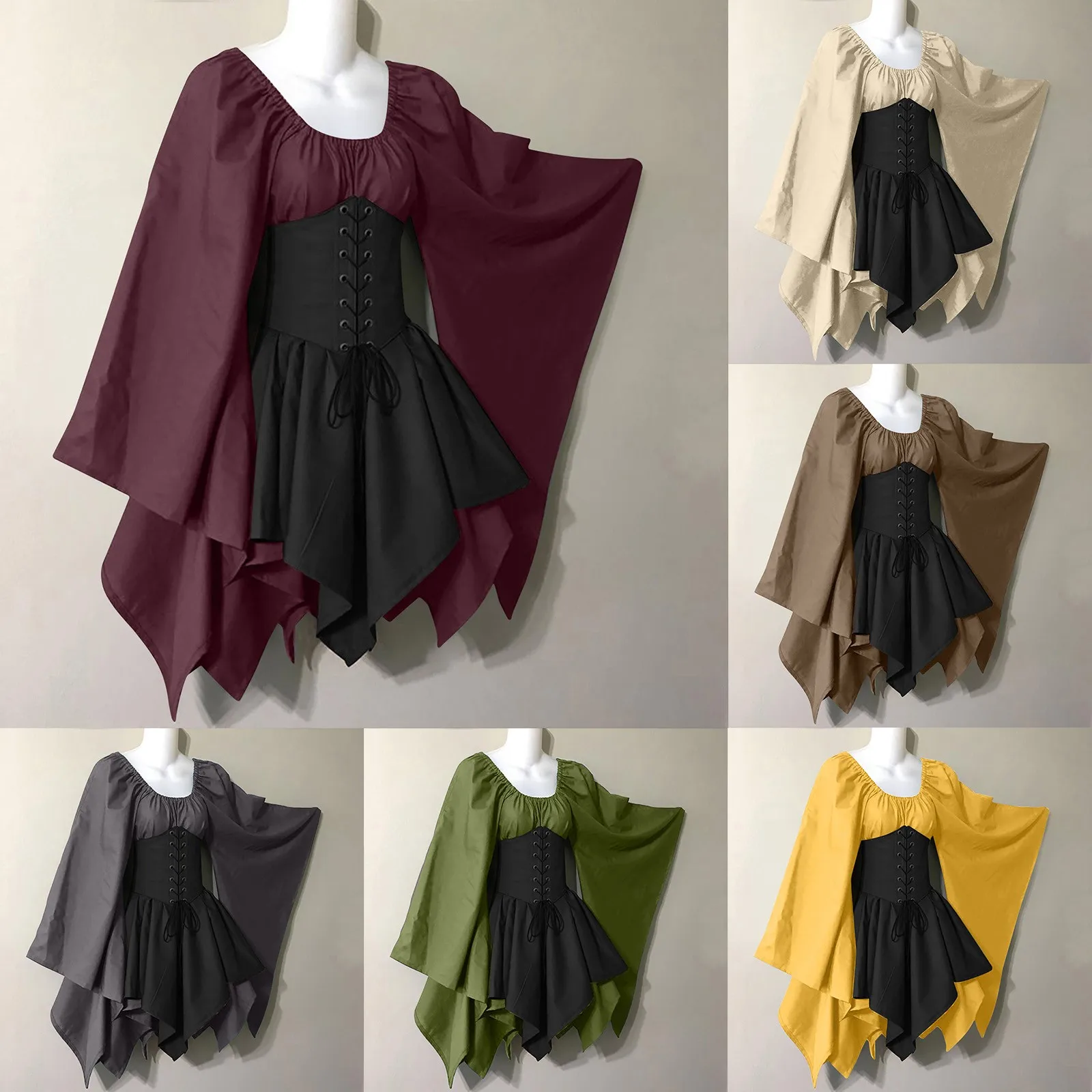 Medieval Costume For Womens Trumpet Sleeve Irish Shirt Dress With Corset Traditional Dress Feminino Formal Wedding Party Robe