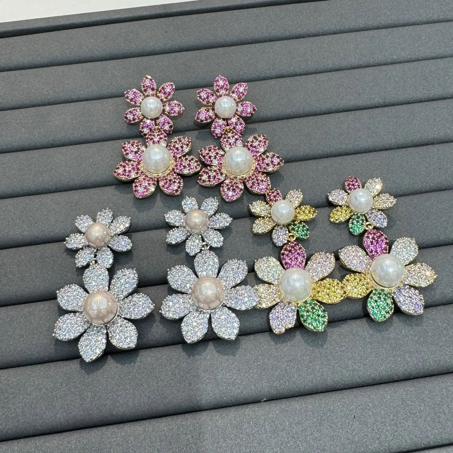 fashion cubic zirconia earrings for women shiny sweet jewelry fushia silver gold color flower dangling earrings dinner party